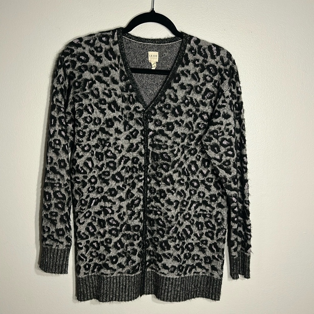 La Vie Wool Mohair Blend Animal Leopard Print Black Gray Cardigan Sweater M